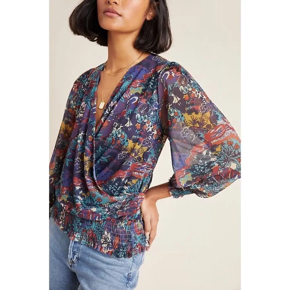 Anthropologie Ines Smocked Surplice Blouse Top, XS - Picture 3 of 8